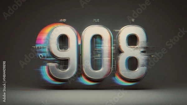 Fototapeta Abstract futuristic 3D render of the number 908 with vibrant glitch effects