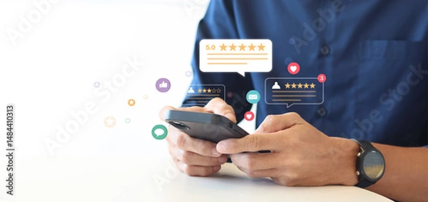 Fototapeta Businessman evaluate Service Quality for Business Rating. Five stars customer product rating review flat icon for apps and websites.