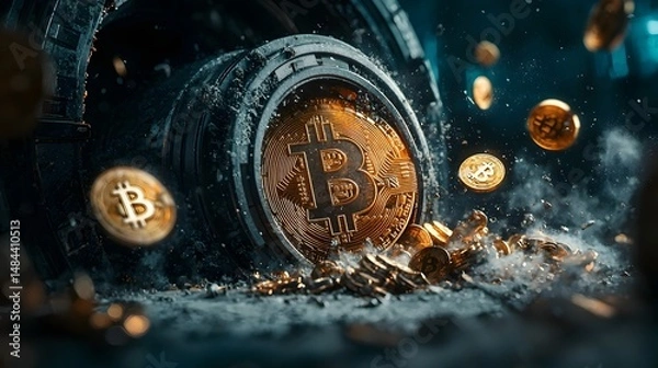Fototapeta A giant cracked vault with uncontrolled spilling of digital currency symbolizing the financial insecurity and instability in the rapidly evolving digital economy and crypto based financial landscape