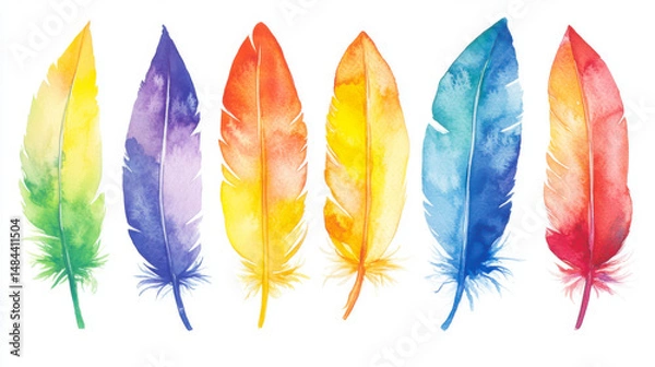 Obraz colourful rainbow watercolour feathers set isolated on white background