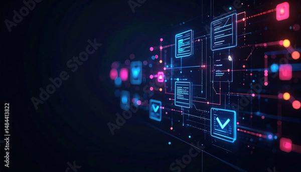 Obraz Digital flowchart with holographic checklist items connected by glowing data lines