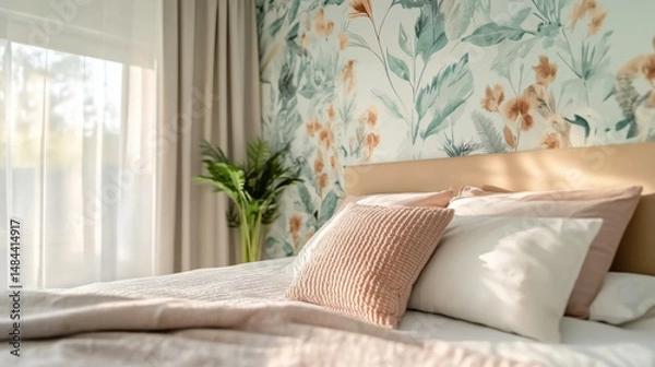 Obraz Modern bedroom with textured wallpaper with pattern of leaves