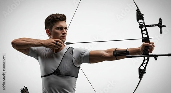 Obraz Archer aiming arrow with modern bow and concentrated focus in studio