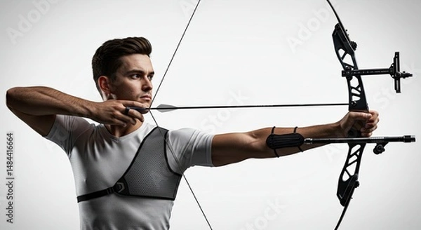 Obraz Archer aiming bow and arrow in target practice studio shot athlete