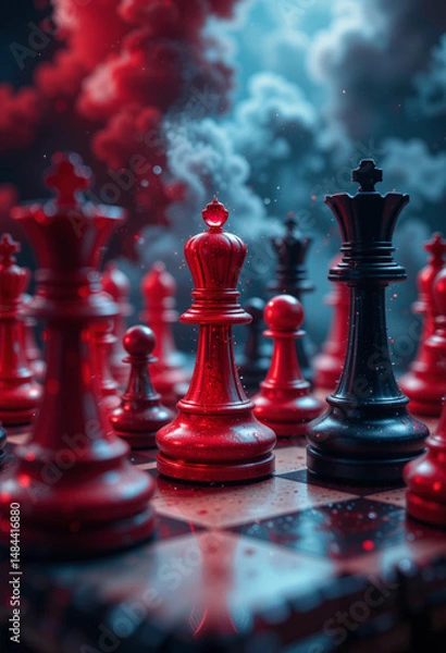 Fototapeta Dramatic Chessboard Showdown Red Queen vs. Black King in a Smoky Battle
