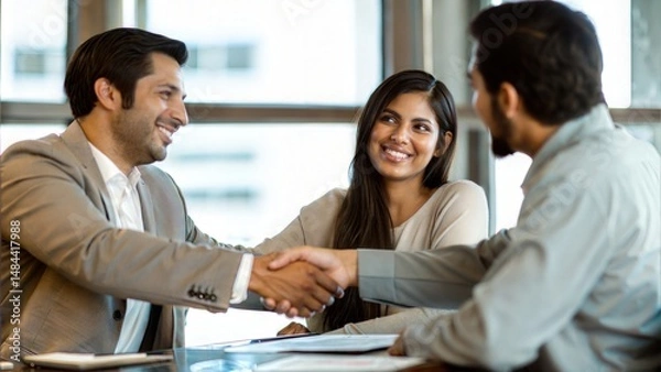 Obraz Bank Manager Handshakes Happy Couple After Successful Mortgage Approval
