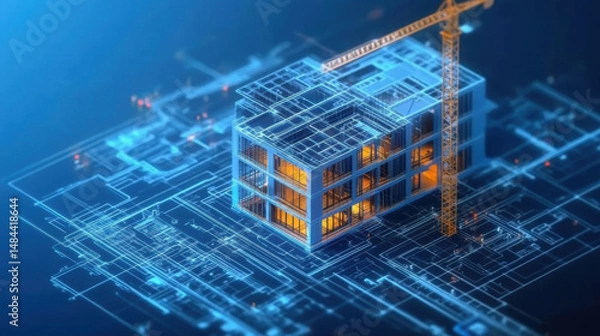 Obraz construction building information modeling bim concept with 3d model and blueprints vector illustration.