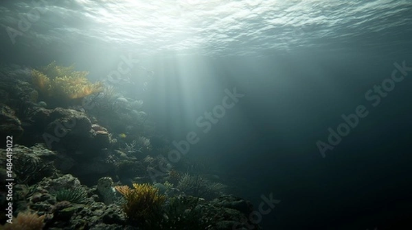 Fototapeta Sunlight Rays Illuminating Underwater Coral Reef Environment