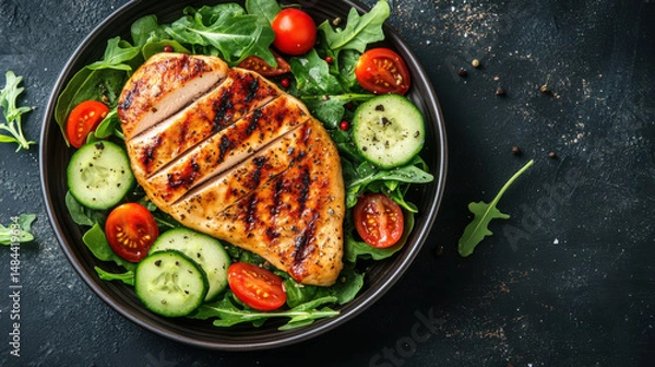 Obraz Grilled chicken breast with arugula and tomatoes on a plate