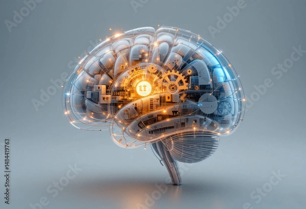 Fototapeta 3D Transparent Brain Layers Revealing Gears, Code, Sketches, and Light