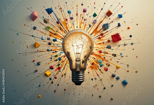 Fototapeta Cracked Light Bulb Exploding with Paint, Ink, and 3D Geometric Shapes