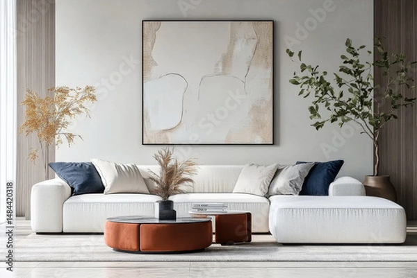 Obraz Modular sofa against stucco wall and Minimalist interior design living room