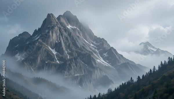 Fototapeta Dramatic Mountain Peaks With Misty Foregrounds and Snowy Accents