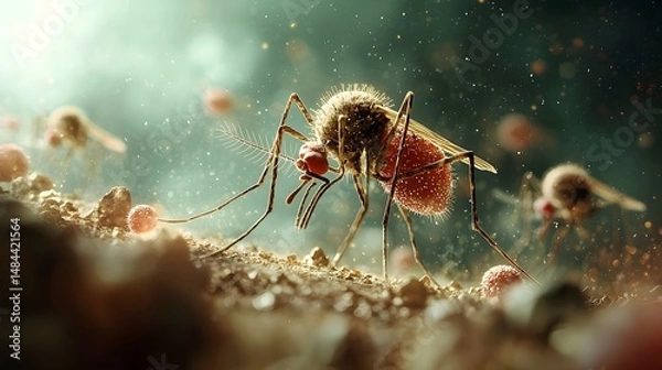 Fototapeta Sleek and simple showcasing the life cycle stages of the Plasmodium parasite the causative agent of malaria highlighting its transmission between mosquito and human hosts in a minimalist style