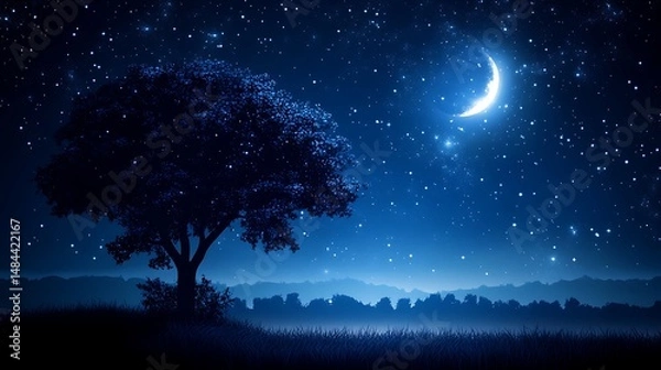 Fototapeta Starry night landscape with tree silhouette