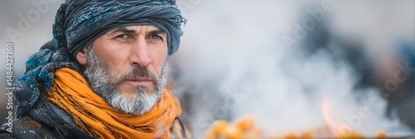 Fototapeta Man with frosted beard and turban in cold weather