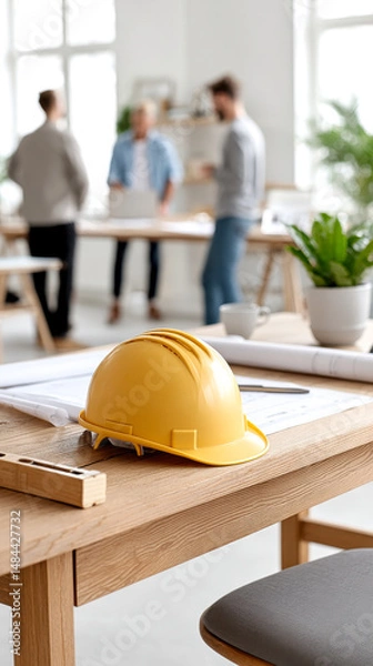 Obraz A yellow construction helmet on a desk with blueprints, three people discussing in a bright modern office.