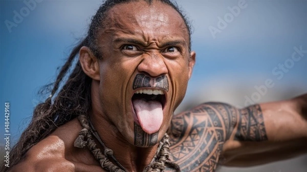 Obraz A close-up portrait of a Maori warrior performing the Haka, with intense facial expressions that convey strength, determination, and cultural pride