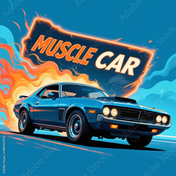 Fototapeta Dynamic Muscle Car Speeding with Fire Trail at Dusk