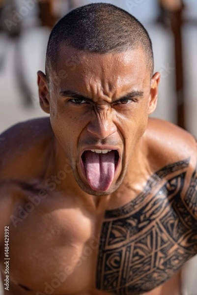 Obraz A close-up portrait of a Maori warrior performing the Haka, with intense facial expressions that convey strength, determination, and cultural pride