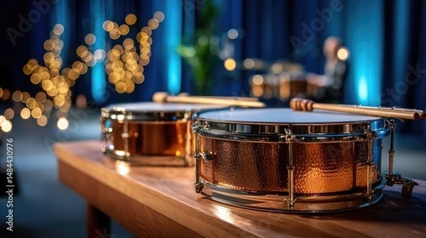 Obraz A set of gleaming brass timpani positioned on a polished wooden stage