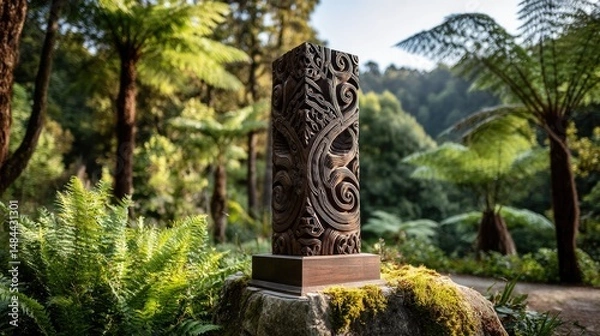 Obraz A set of intricate Maori carvings displayed prominently on a tall wooden post, standing proudly in a lush forest clearing