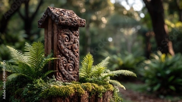 Fototapeta A set of intricate Maori carvings displayed prominently on a tall wooden post, standing proudly in a lush forest clearing
