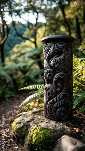 Obraz A set of intricate Maori carvings displayed prominently on a tall wooden post, standing proudly in a lush forest clearing