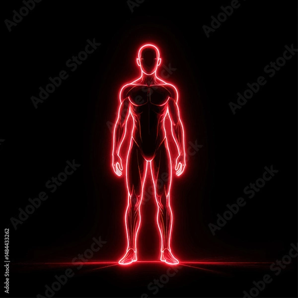Obraz Neon Human Silhouette in Dark Background with Red Glow