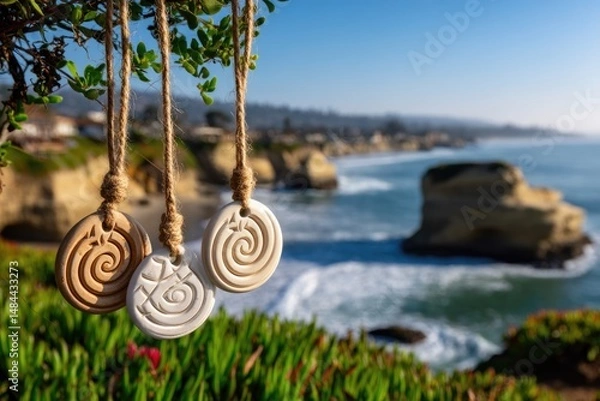 Fototapeta A collection of handcrafted bone pendants suspended from a braided natural fiber cord, gently swaying in the breeze
