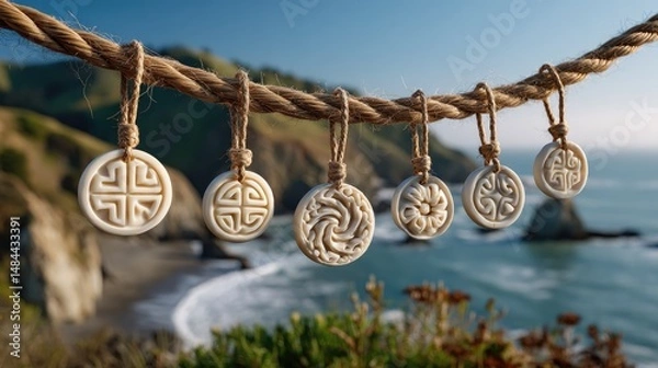 Fototapeta A collection of handcrafted bone pendants suspended from a braided natural fiber cord, gently swaying in the breeze