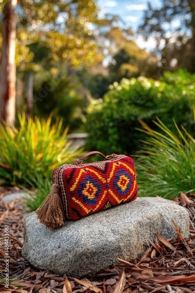 Fototapeta A colorful bilum bag resting on a large flat stone, its intricate handwoven patterns of vibrant reds, blues, and yellows