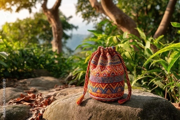 Fototapeta A colorful bilum bag resting on a large flat stone, its intricate handwoven patterns of vibrant reds, blues, and yellows