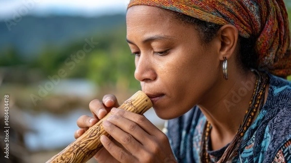 Fototapeta A close-up portrait of a musician playing the Sapo, capturing the deep focus 