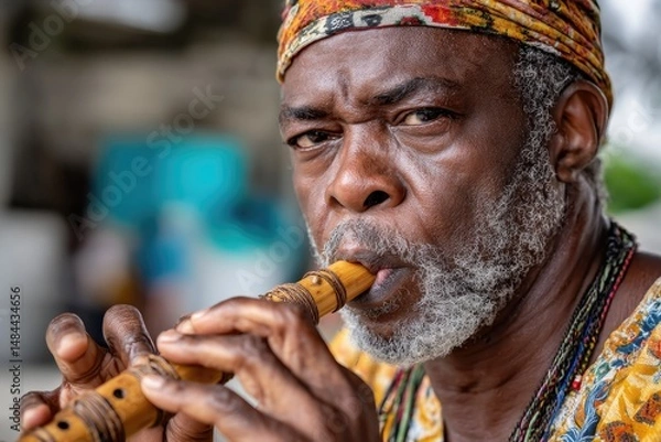 Obraz A close-up portrait of a musician playing the Sapo, capturing the deep focus 