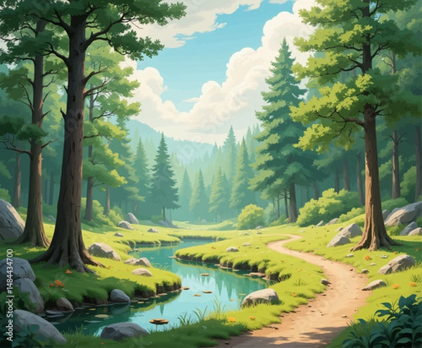Fototapeta Serene Forest Path by Stream with Tall Trees and Sunny Meadow