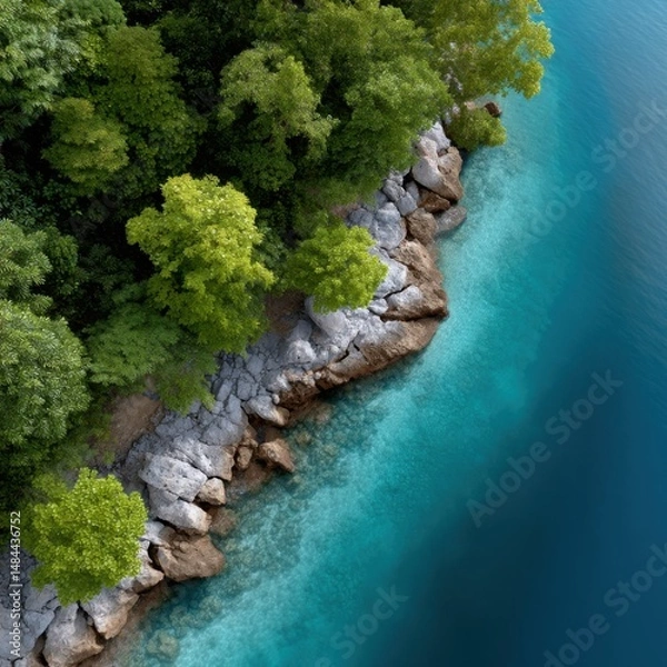 Fototapeta Crystal clear turquoise water gently laps against the rocky shore of a lush tropical beach, showcasing nature's beauty in this aerial view by leeyongjay.