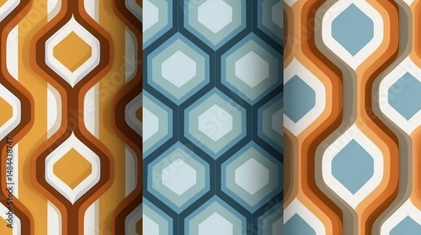 Fototapeta Groovy Geometry: A Trio of Retro-Inspired Seamless Patterns with Depth and Color