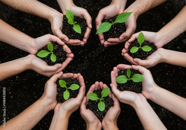 Fototapeta Many hands holding small seedlings with soil in a circle representing growth and sustainability