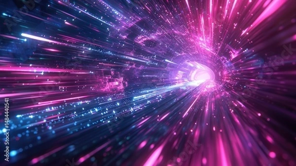Fototapeta Abstract picture colorful light particle with digital technology style design connecting become dynamic of electric wave movement represent about flowing of data or structure of network system. AIG53.