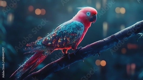 Obraz A futuristic parrot with holographic feathers perched on a digital branch