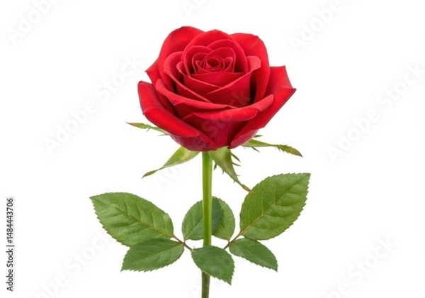 Fototapeta A single red rose with green leaves isolated on a white background is in full bloom