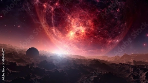 Fototapeta Cosmic landscape of a distant planetary system.