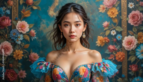 Fototapeta A young woman with dark hair and delicate makeup poses, wearing a vibrant floral off-shoulder gown. She's set against a backdrop of a richly colored antique floral tapestry.