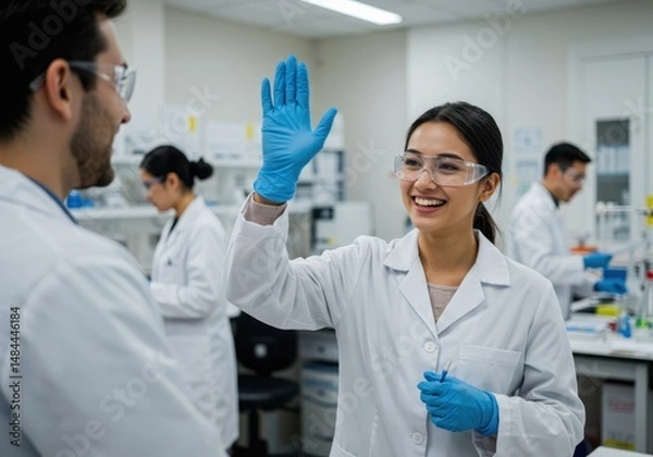 Fototapeta Female scientist in lab coat and safety glasses giving a high five to a colleague