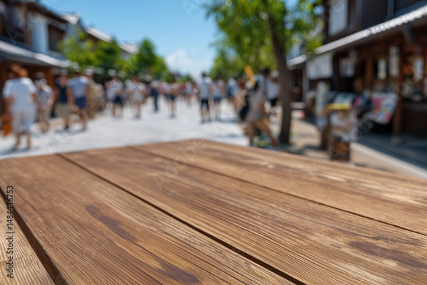 Fototapeta アップで写したテーブル、街中、AI