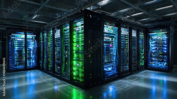 Obraz Modern server room interior with illuminated LED rack consoles, organized cables, glowing blue and green lights indicating system status