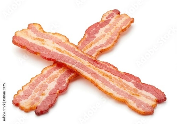 Fototapeta Two slices of crispy bacon are crossed on a white background showing the texture and fat content