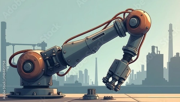 Obraz Industrial Robotic Arm in a Factory Setting with a Cityscape Background