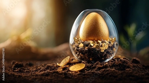 Obraz A golden egg radiating a soft luminous glow floats effortlessly inside a transparent piggy bank symbolizing the core of a secure and prosperous financial future